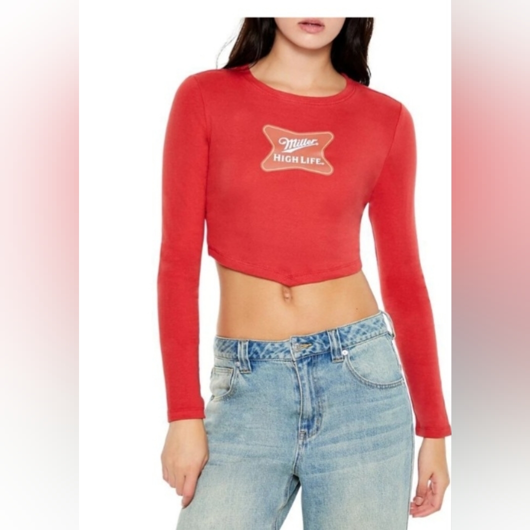 Miller High Life Women's Cropped Long Sleeve T-Shirt Top Red Small Logo Graphic